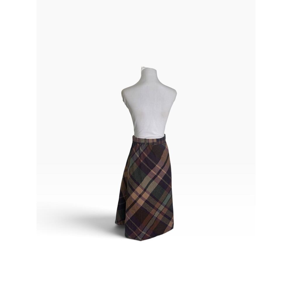 Vintage 70s Wool Plaid Midi Skirt XL Dark Academia A-Line Brown - Picture 5 of 6